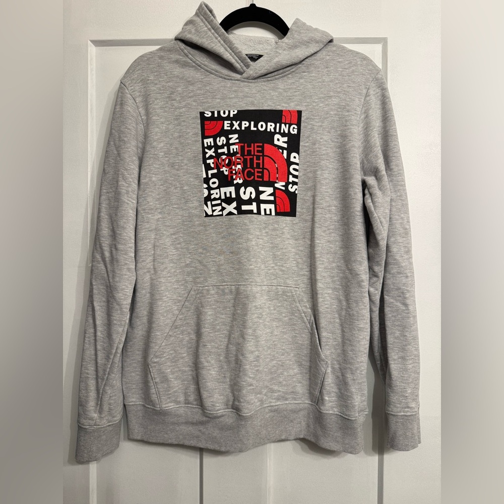 The North Face Gray Hoodie Sweatshirt “Never Stop Exploring” Youth size XL 18-20